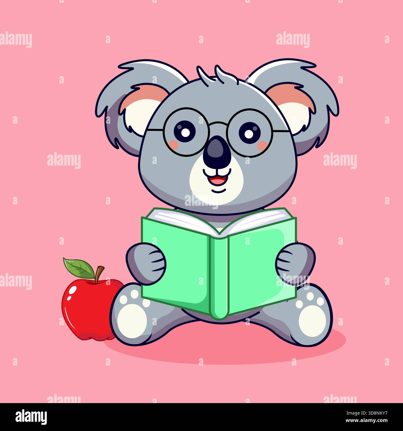 Cute Koala Student Reading a Book with Glasses and an Apple Vector ...