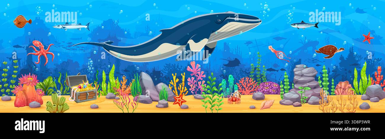 Underwater landscape game background with treasure chest and blue whale ...