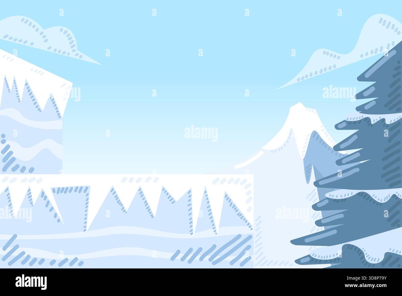 Winter landscape with ice floor freezing cold and pine on mountain and blue sky background with snow. Stock Vector