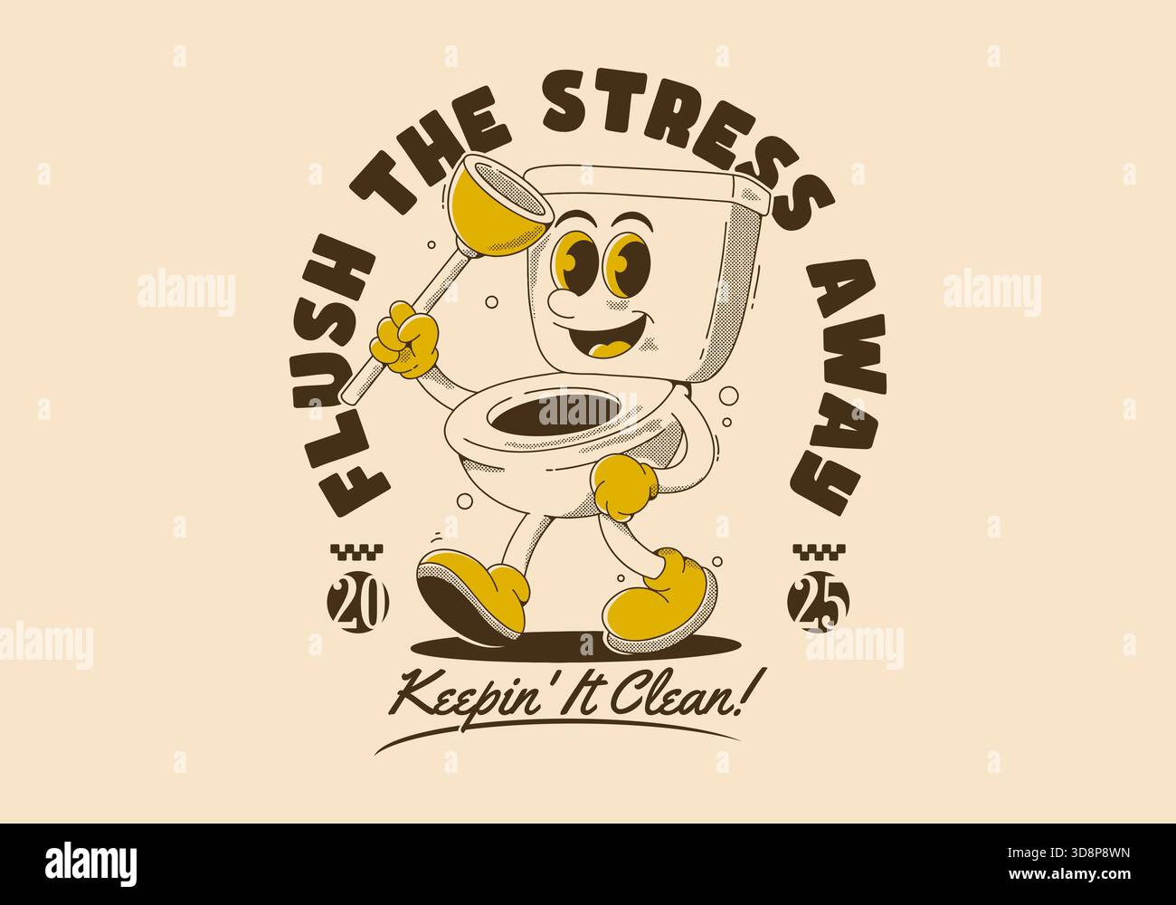 Cartoon toilet character holding a plunger with text Flush the Stress Away and Keepin It Clean! in a retro style. - Stock Image