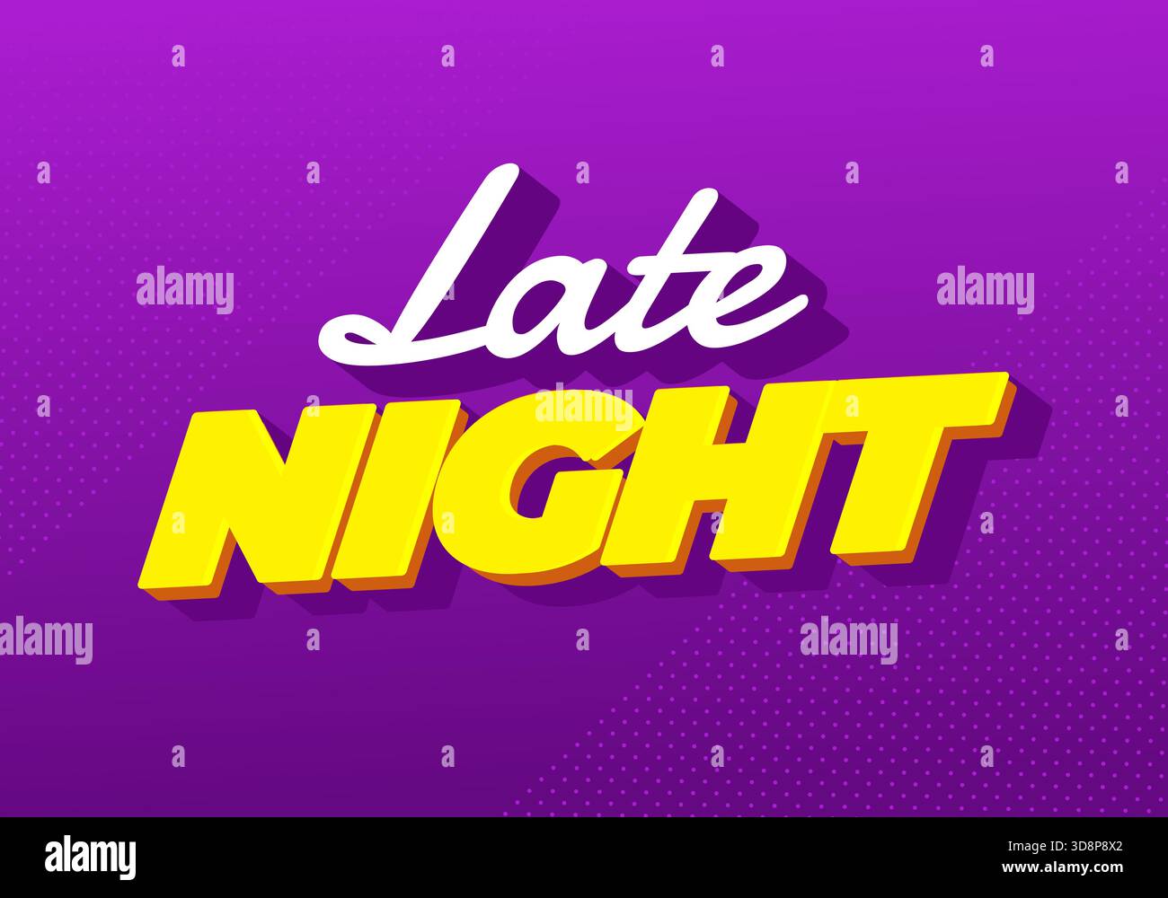 Bold text Late Night in white and yellow on a purple background. - Stock Image