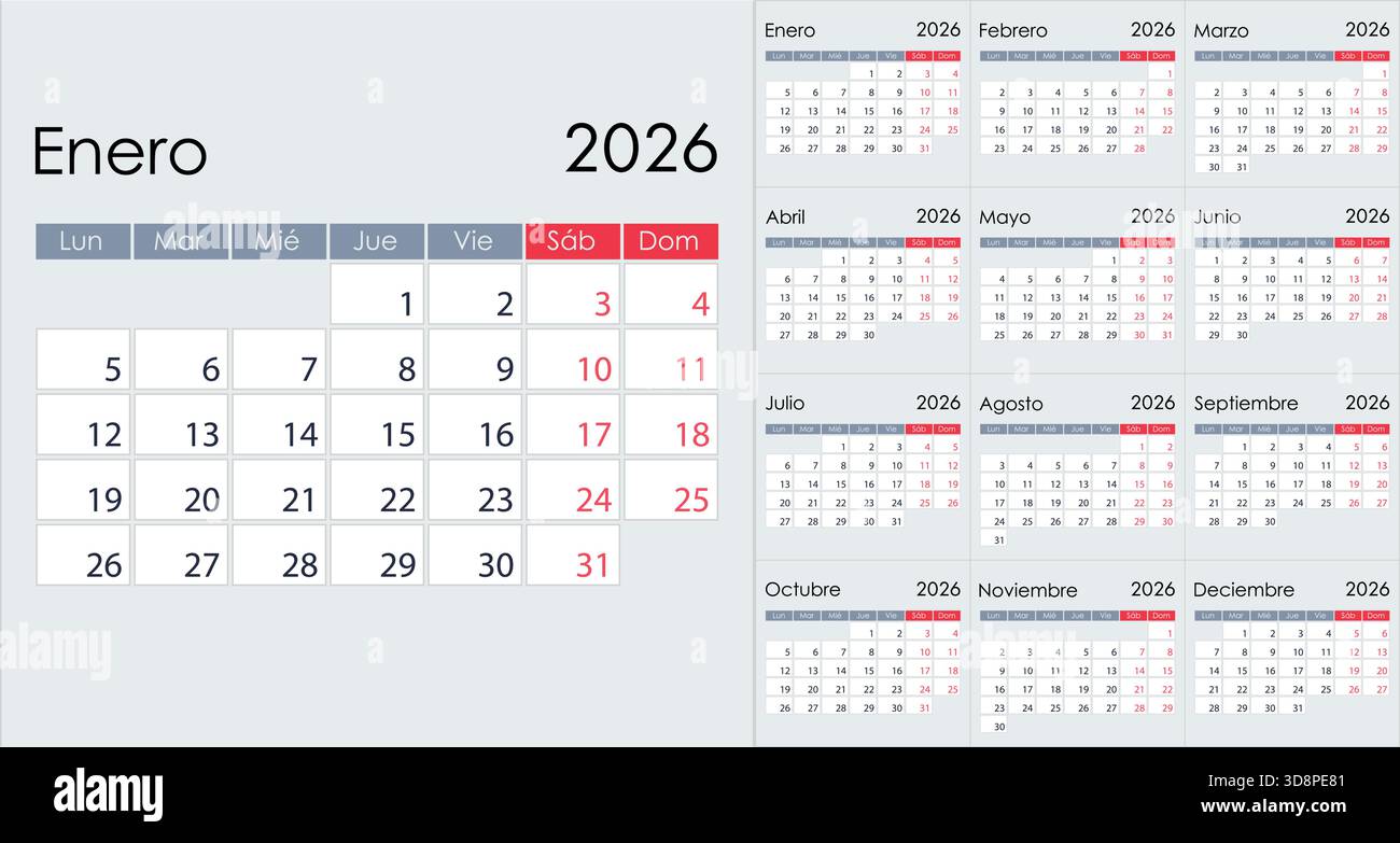 Clean Minimalist 2026 Yearly Calendar Grid Layout, on Spanish language ...