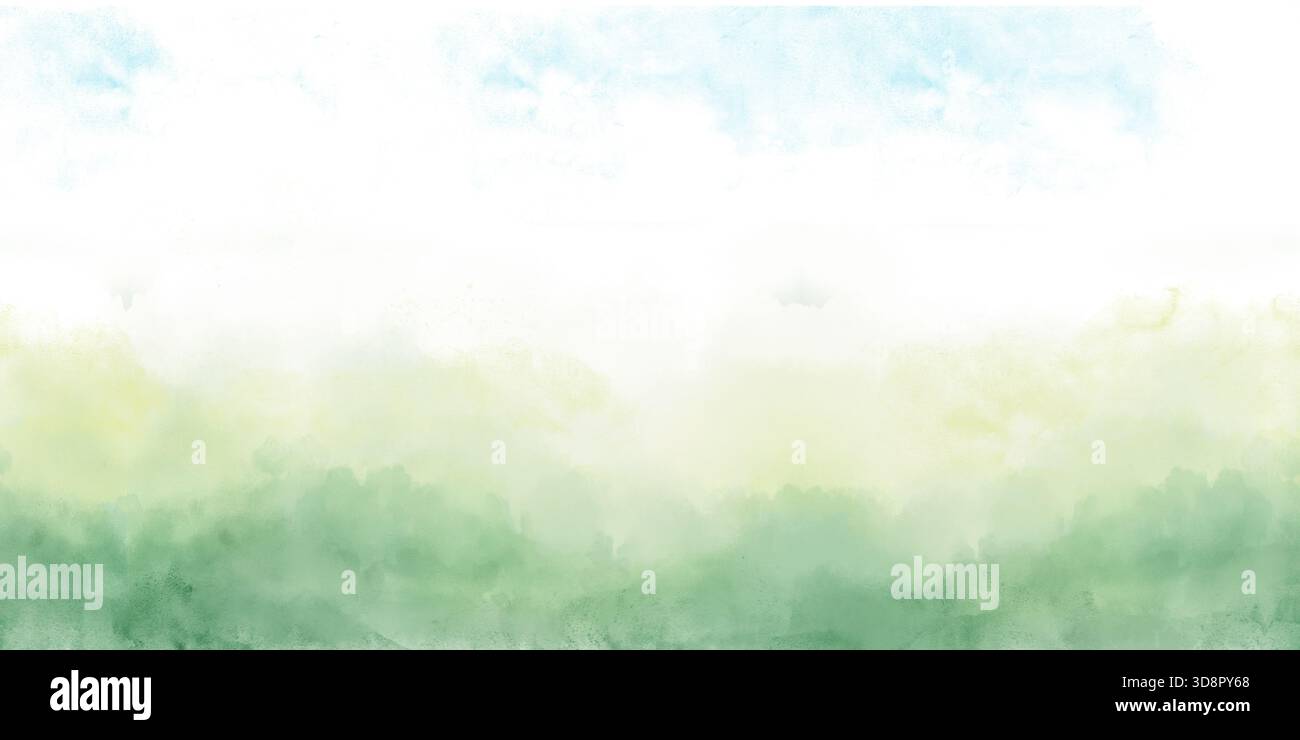 A summer or spring rural landscape with hills under blue sky and clouds. Digital watercolor illustration. Seamless background border, view of foliage Stock Photo