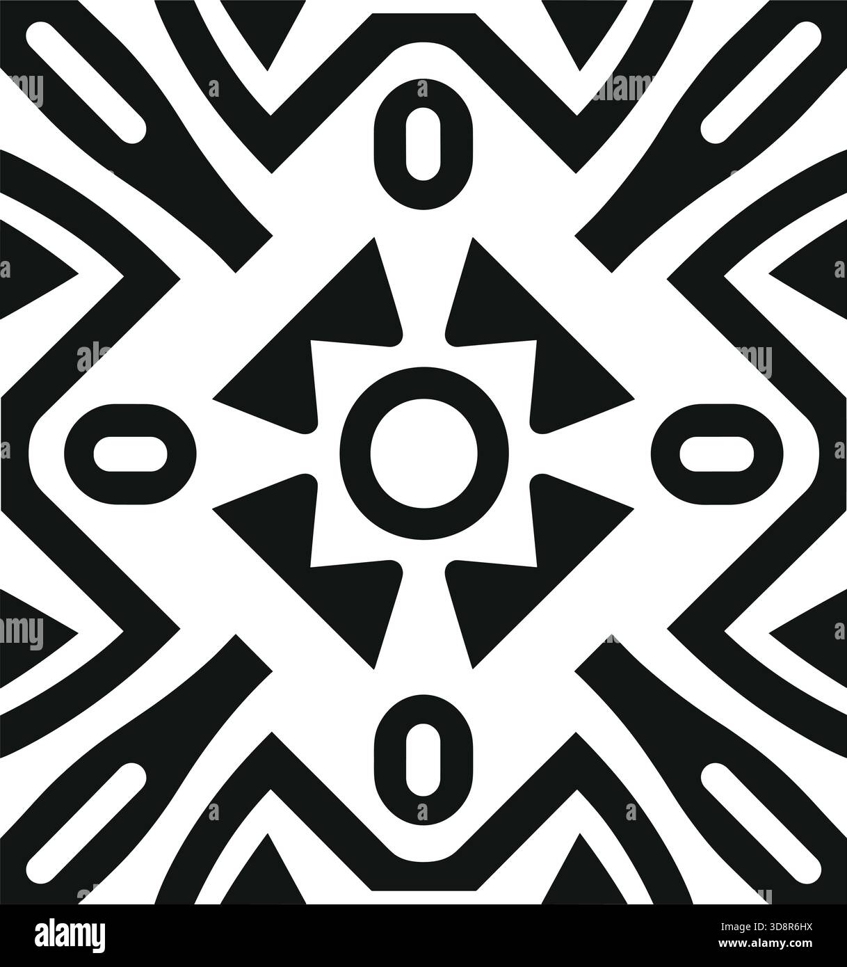 Geometric design features a central sunburst shape with triangular rays surrounded by four oval elements and zig-zag patterns on a white background. Stock Vector