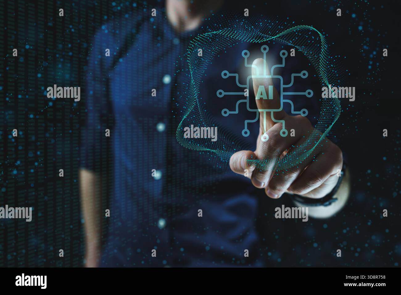 Hand touching digital artificial intelligence hologram interface on dark background. AI technology concept Stock Photo