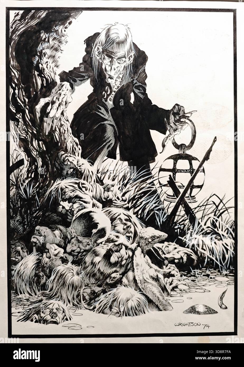 Bernie Wrightson drawing and Bill Dubáy script, Uncle Creepy Introduction, Creepy Number Sixty-Seven, Warren Publishing Company, 1974, India ink on pa Stock Photo
