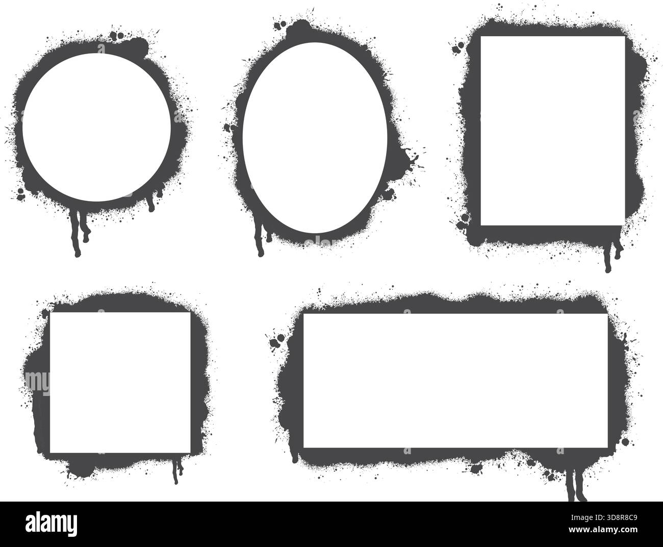 Grunge ink spray frame set. Square, circle, oval and rectangular shapes for design. Blank black paint explosion templates. Empty border, vector Stock Vector
