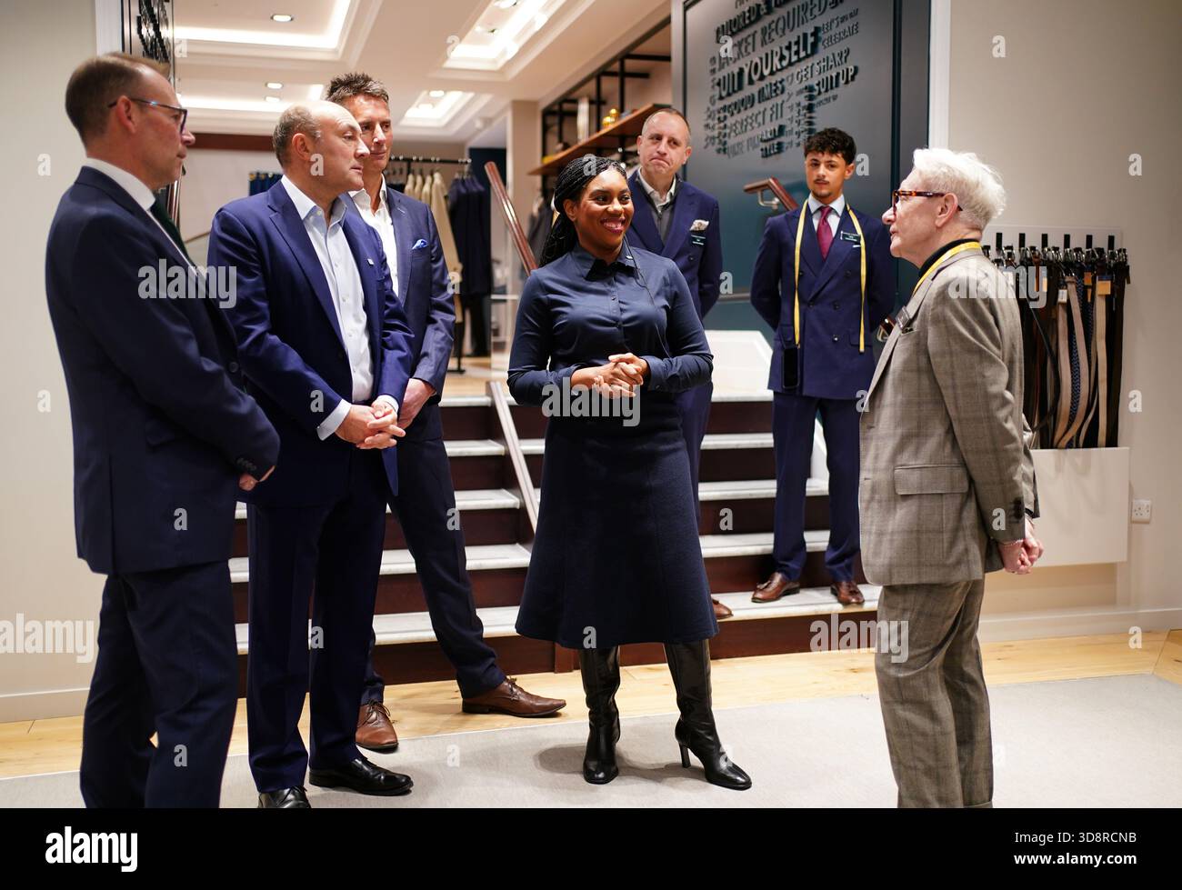 (left to right) CEO Luke Kingsnorth, shadow business secretary Andrew Griffith, chief marketing and sales officer Joe Irons, Conservative Party leader Kemi Badenoch, store manager Barry Scott and assistant manager Chris Tindell-Robbins (right) during a visit to the Charles Tyrwhitt store in central London. Picture date: Tuesday December 2, 2025. Stock Photo