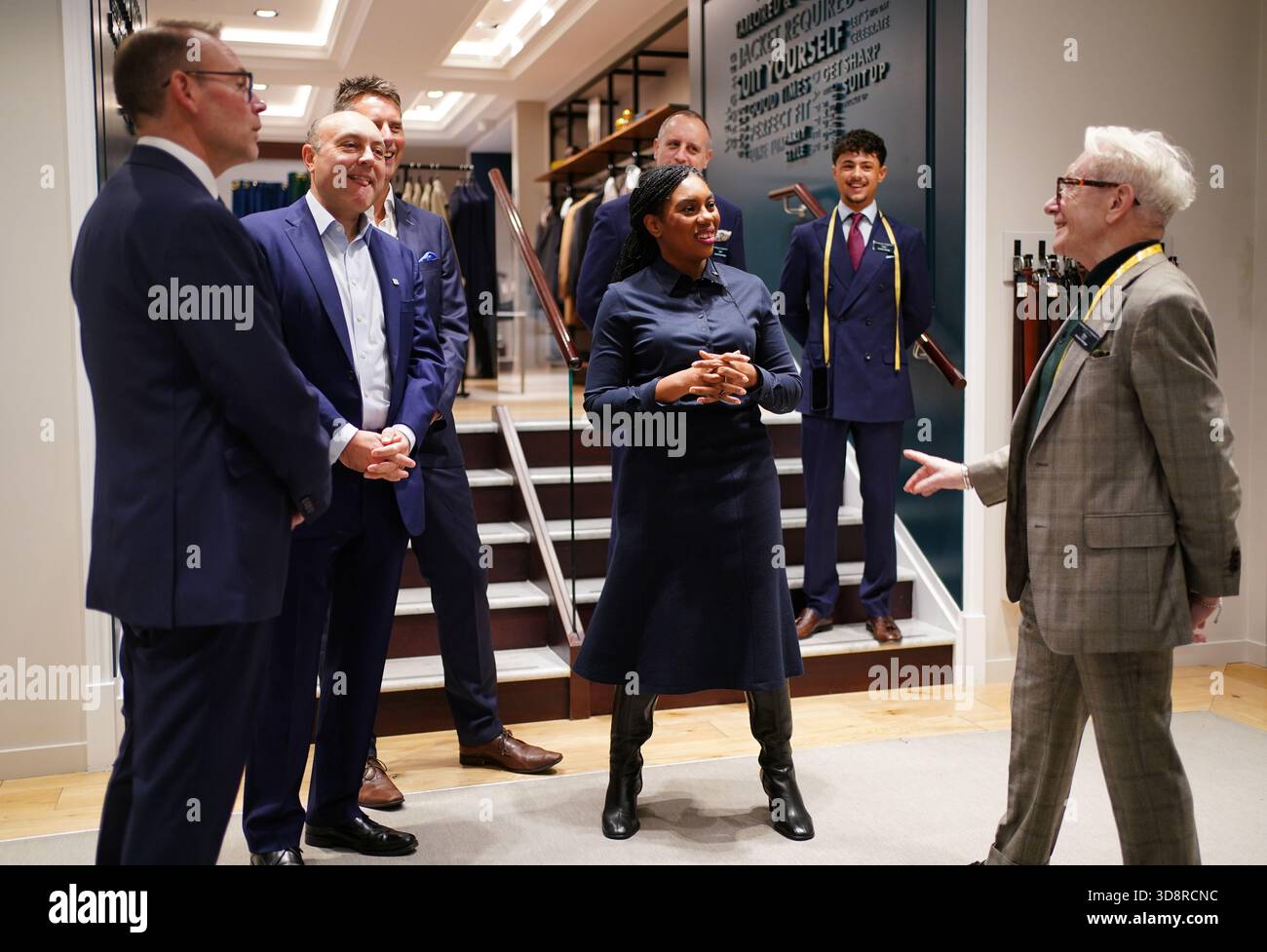 (left to right) CEO Luke Kingsnorth, shadow business secretary Andrew Griffith, chief marketing and sales officer Joe Irons, Conservative Party leader Kemi Badenoch, store manager Barry Scott and assistant manager Chris Tindell-Robbins (right) during a visit to the Charles Tyrwhitt store in central London. Picture date: Tuesday December 2, 2025. Stock Photo