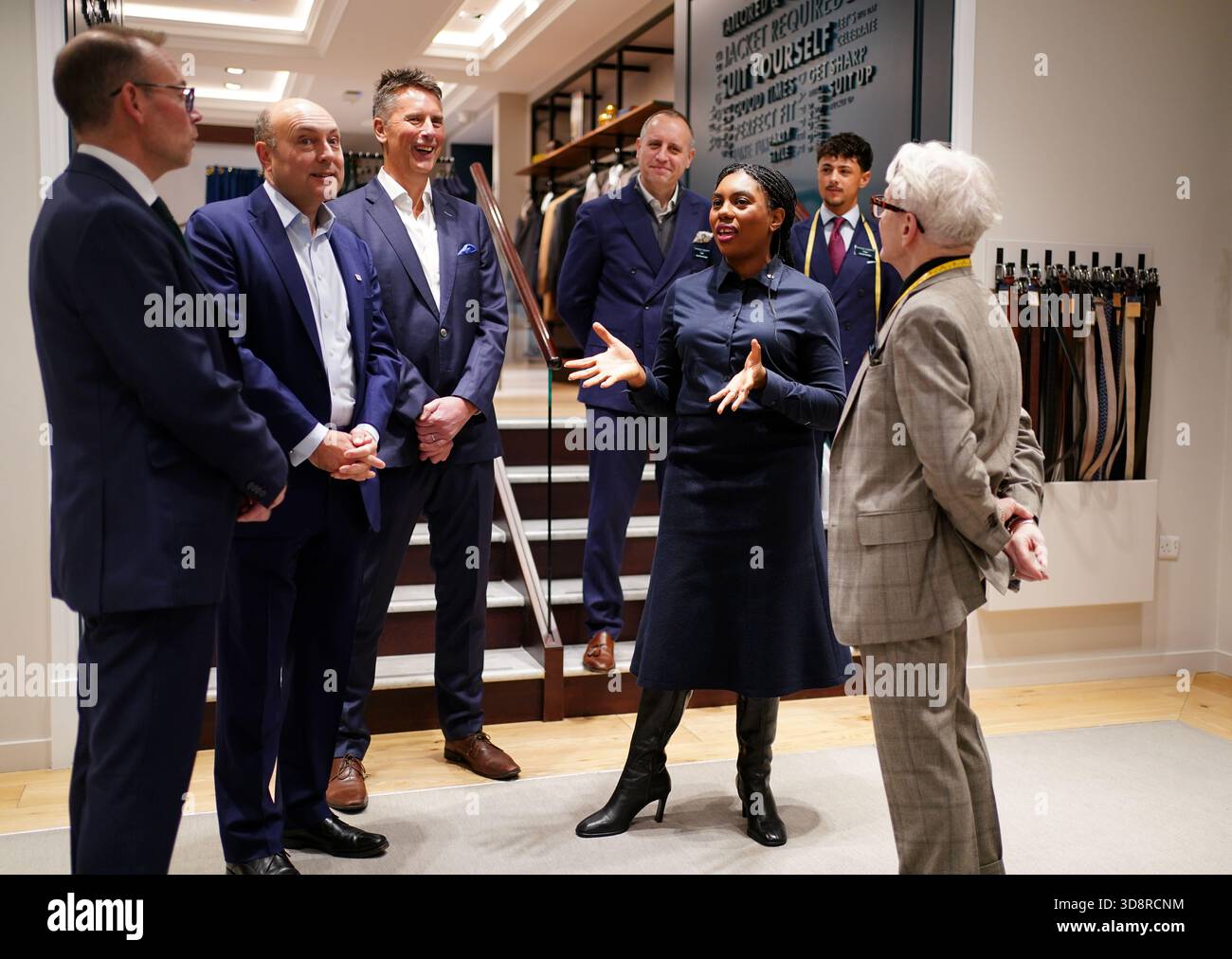 (left to right) CEO Luke Kingsnorth, shadow business secretary Andrew Griffith, chief marketing and sales officer Joe Irons, store manager Barry Scott, Conservative Party leader Kemi Badenoch and assistant manager Chris Tindell-Robbins (right) during a visit to the Charles Tyrwhitt store in central London. Picture date: Tuesday December 2, 2025. Stock Photo
