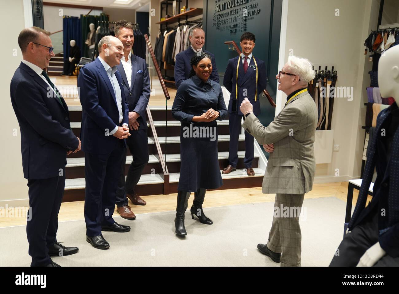 (left to right) CEO Luke Kingsnorth, shadow business secretary Andrew Griffith, chief marketing and sales officer Joe Irons, store manager Barry Scott, Conservative Party leader Kemi Badenoch and assistant manager Chris Tindell-Robbins (right) during a visit to the Charles Tyrwhitt store in central London. Picture date: Tuesday December 2, 2025. Stock Photo