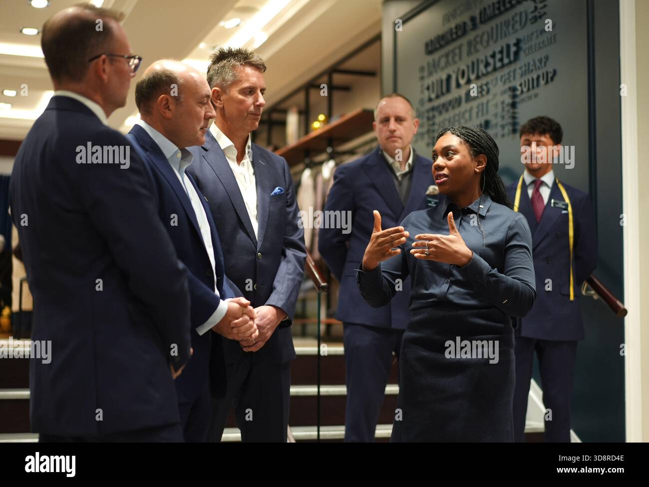 (left to right) CEO Luke Kingsnorth, shadow business secretary Andrew Griffith, chief marketing and sales officer Joe Irons, store manager Barry Scott and Conservative Party leader Kemi Badenoch during a visit to the Charles Tyrwhitt store in central London. Picture date: Tuesday December 2, 2025. Stock Photo