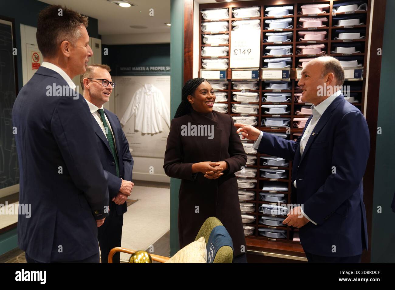 (left to right) sales officer Joe Irons, CEO Luke Kingsnorth, Conservative Party leader Kemi Badenoch and shadow business secretary Andrew Griffith during a visit to the Charles Tyrwhitt store in central London. Picture date: Tuesday December 2, 2025. Stock Photo