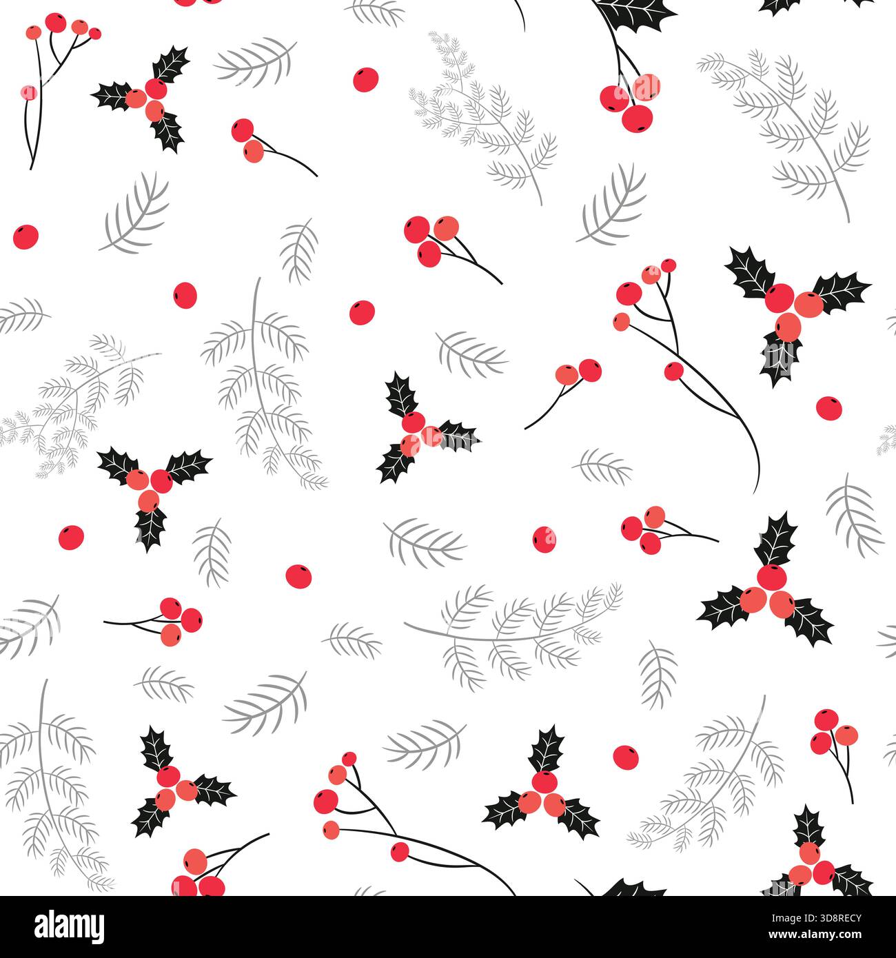 Elegant black, red and gray vector seamless pattern with berries and pine branches for Christmas and winter designs and backgrounds Stock Vector
