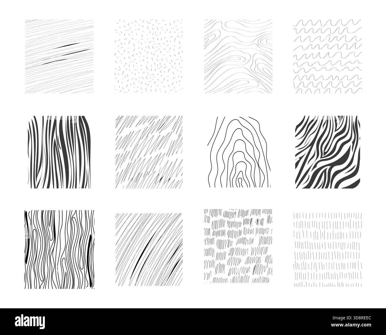 Crosshatch patterns range hand drawn texture set, crosshatch line doodle grunge background. Scribble graphite strokes, lines, wood, shading elements. Vector illustration Stock Vector