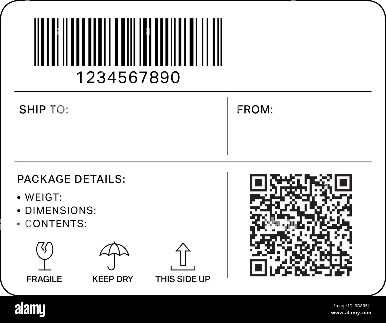 Modern shipping label design includes barcode, QR code, handling icons ...