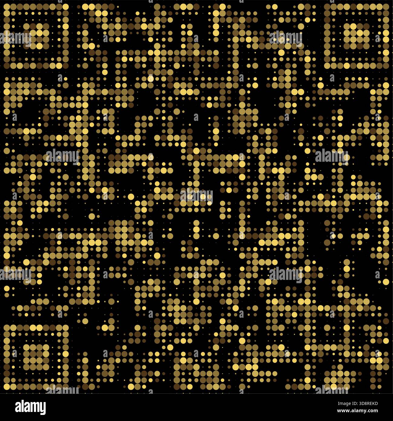 Stylized gold QR code design using bright round dots on a black background for luxury effect. Stock Vector