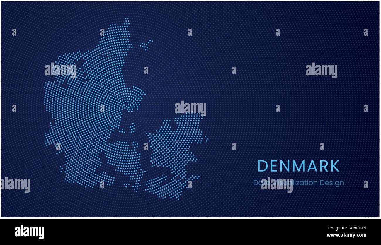 Denmark stylized dotted map in modern circular data tech visualization concept. Stock Vector