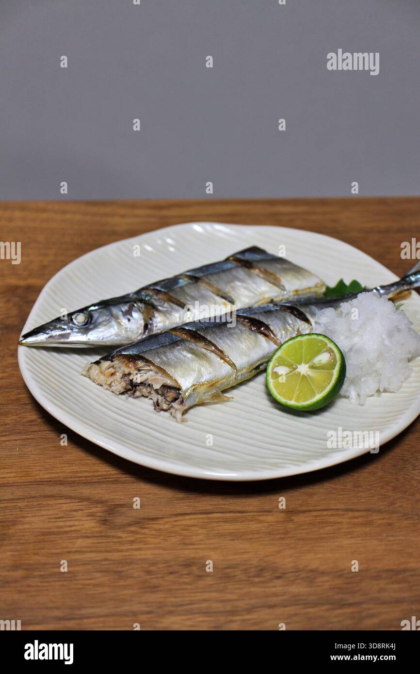 Japanese home cooking: grilled salted sanma (pacific saury) with grated ...
