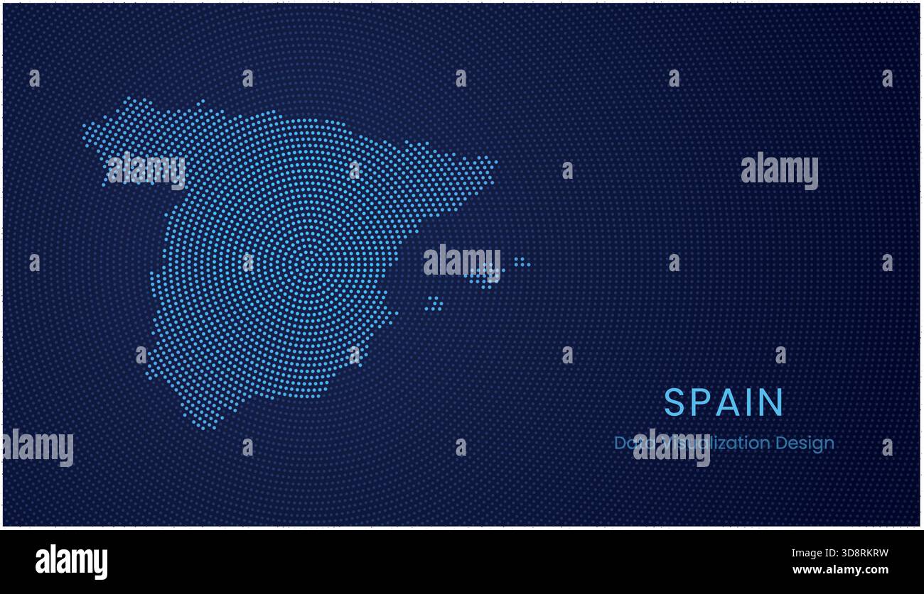 Spain stylized dotted map in modern circular data tech visualization concept. Stock Vector