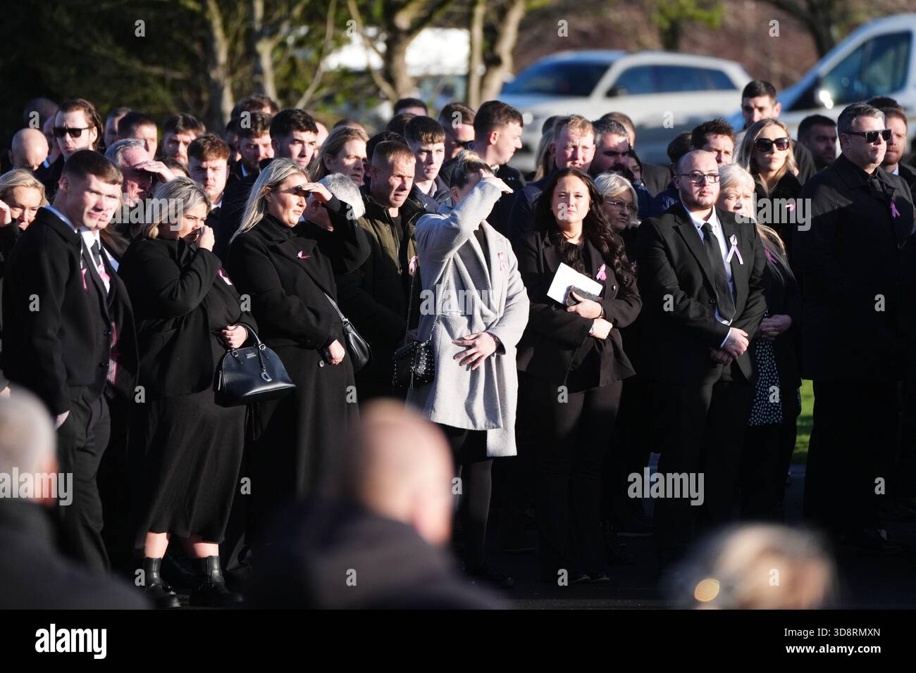 Mourners arriving the funeral of Chloe Hipson at Daldowie Crematorium in Glasgow. 21-year-old Chloe was one of five people killed when their Volkswagen Golf was in a collision with a Toyota Land Cruiser on a road near Dundalk on November 15. Picture date: Tuesday December 2, 2025. Stock Photo