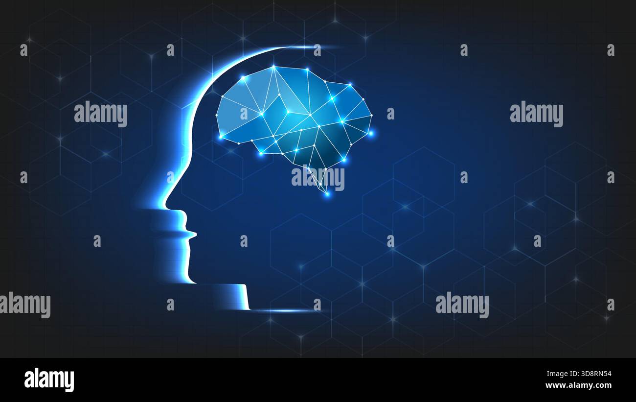 Glowing human head outline with a connected digital brain network on a ...