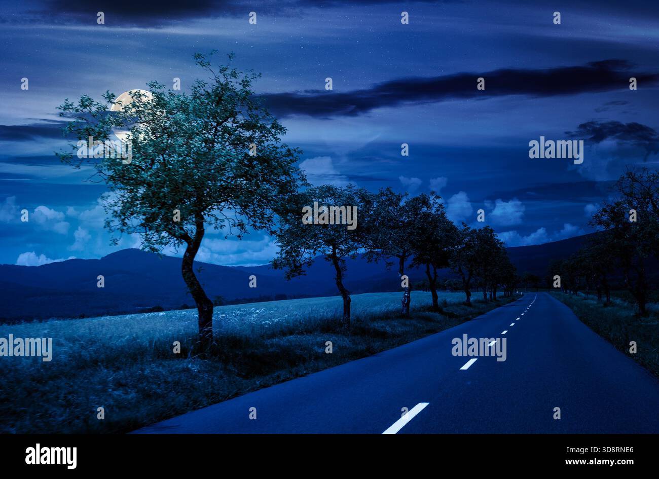 trees along the country road in to mountains at night. beautiful summer landscape with epic clouds in full moon light. motion blur effect. backdrop fo Stock Photo