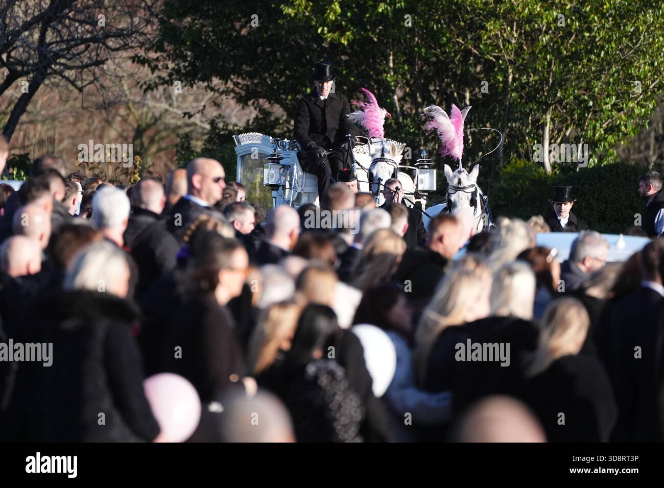 The coffin arrives by horse drawn hearse for the funeral of Chloe Hipson at Daldowie Crematorium in Glasgow. 21-year-old Chloe was one of five people killed when their Volkswagen Golf was in a collision with a Toyota Land Cruiser on a road near Dundalk on November 15. Picture date: Tuesday December 2, 2025. Stock Photo