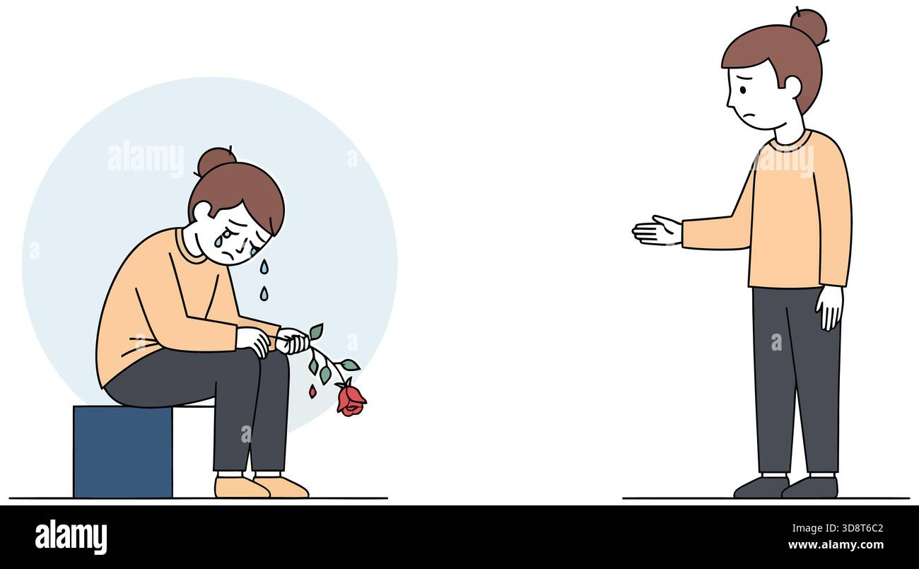 Sad woman cries over broken rose while friend offers comfort and ...