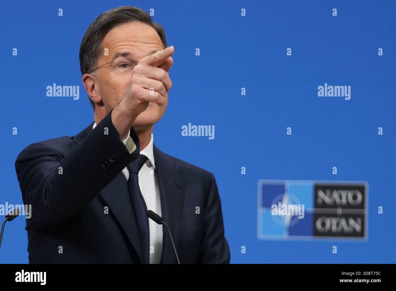 NATO Secretary General Mark Rutte speaks during a pre-ministerial media ...