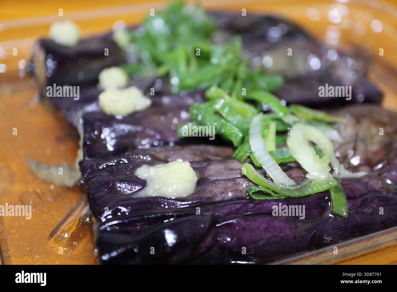 Fried eggplant with ginger puree purchased at a supermarket in Tokyo, Japan Stock Photo