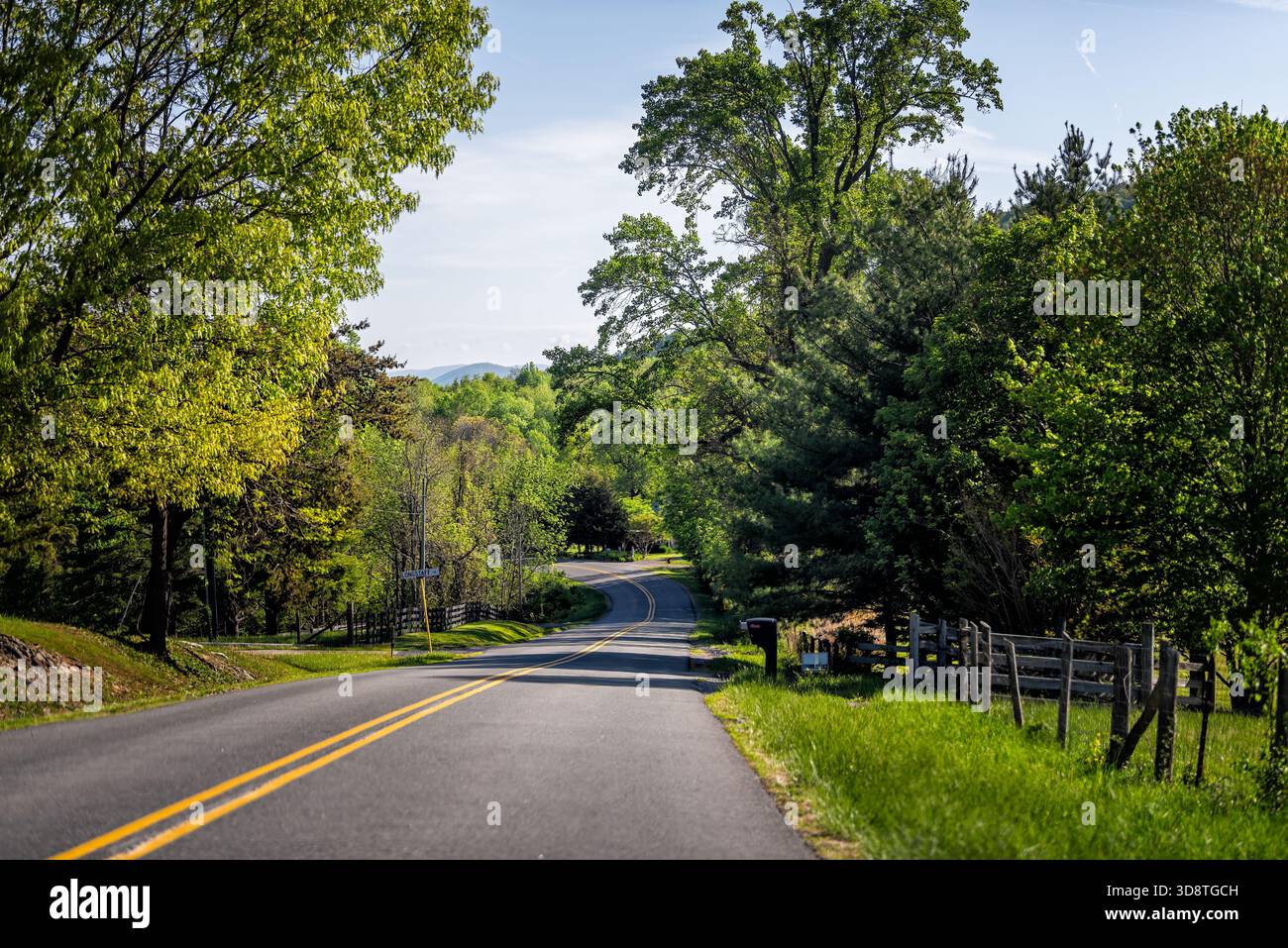 Rural Reeds gap road in Virginia mountains spring summer season with fence green trees forest woods in country Stock Photo