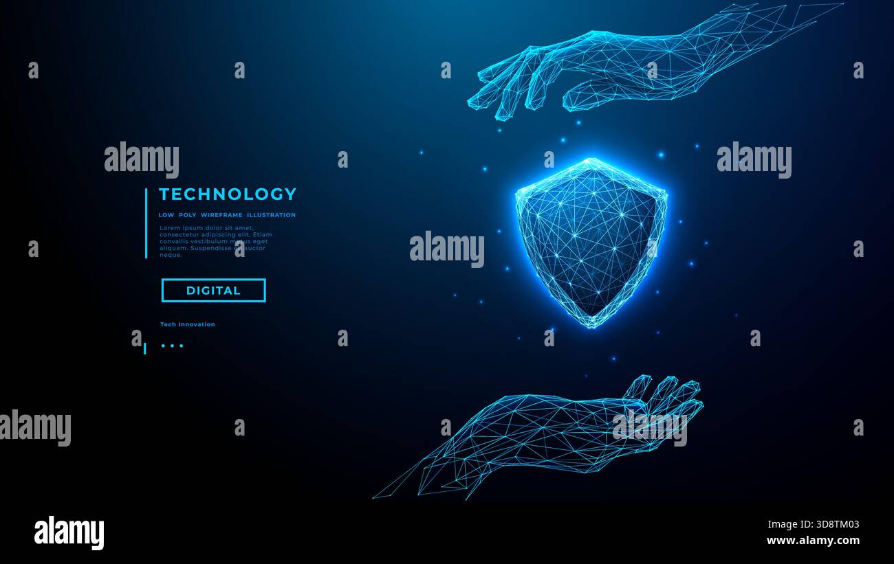 Cyber security concept. Digital shield protected by hands Stock Vector