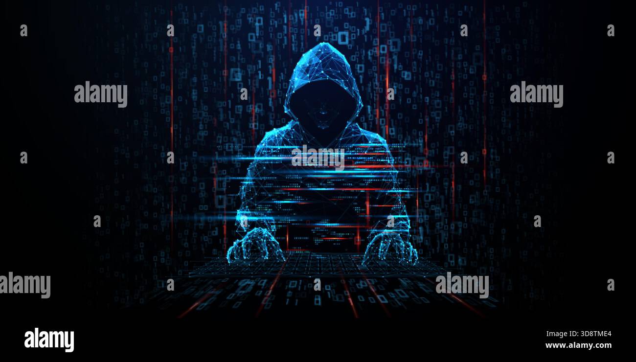 Digital hacker silhouette emerges from Matrix-style binary code bg Stock Vector