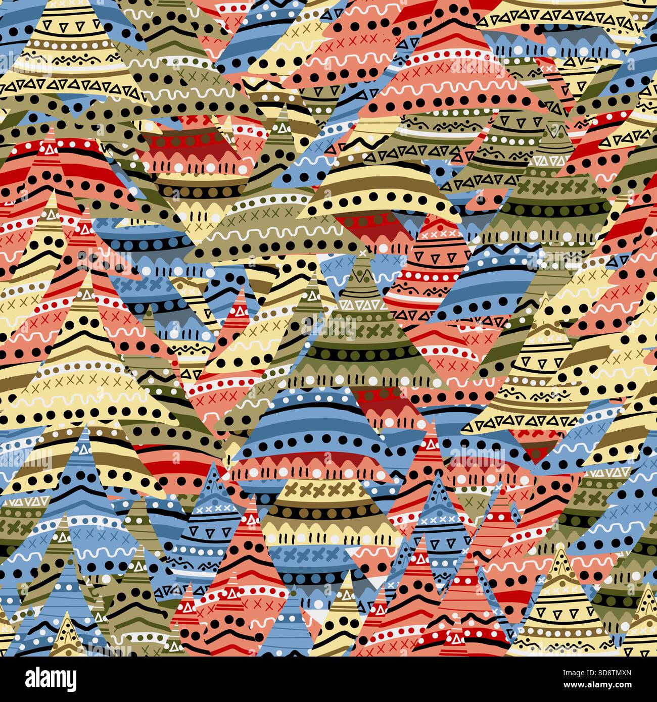 Abstract seamless pattern with colorful patches with geometric and ethnic motifs Stock Photo