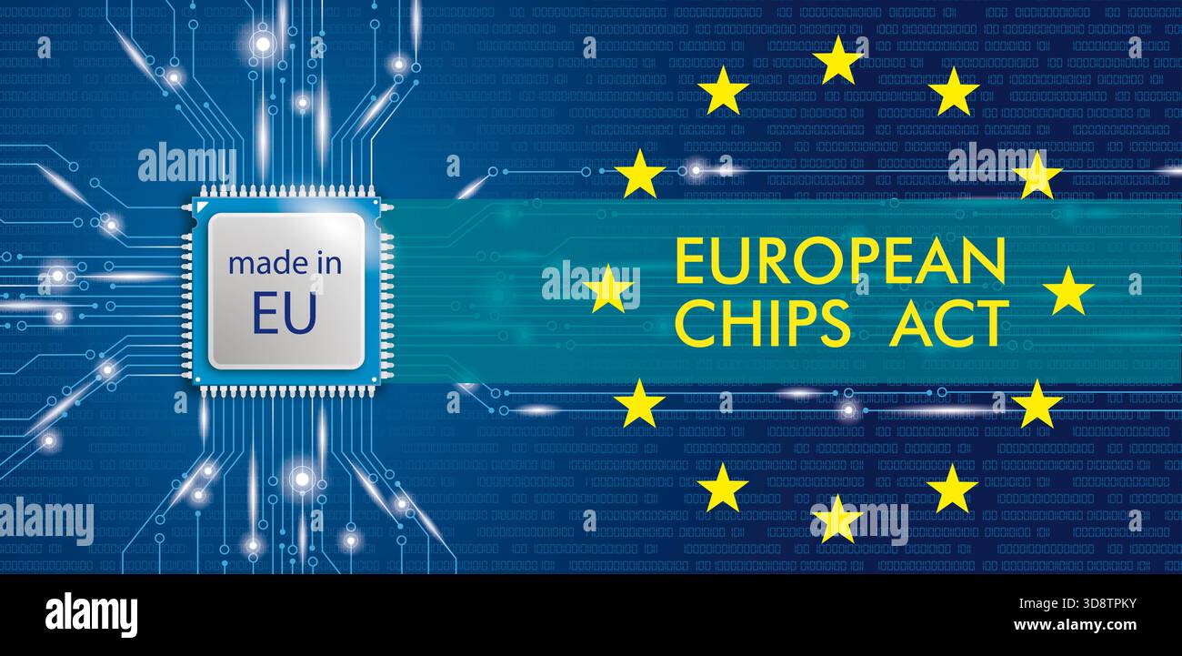 EU Chips Act Microchip Processor Lights Header Microchip processor banner with the text Eureopean Chips Act on the blue background. Stock Photo