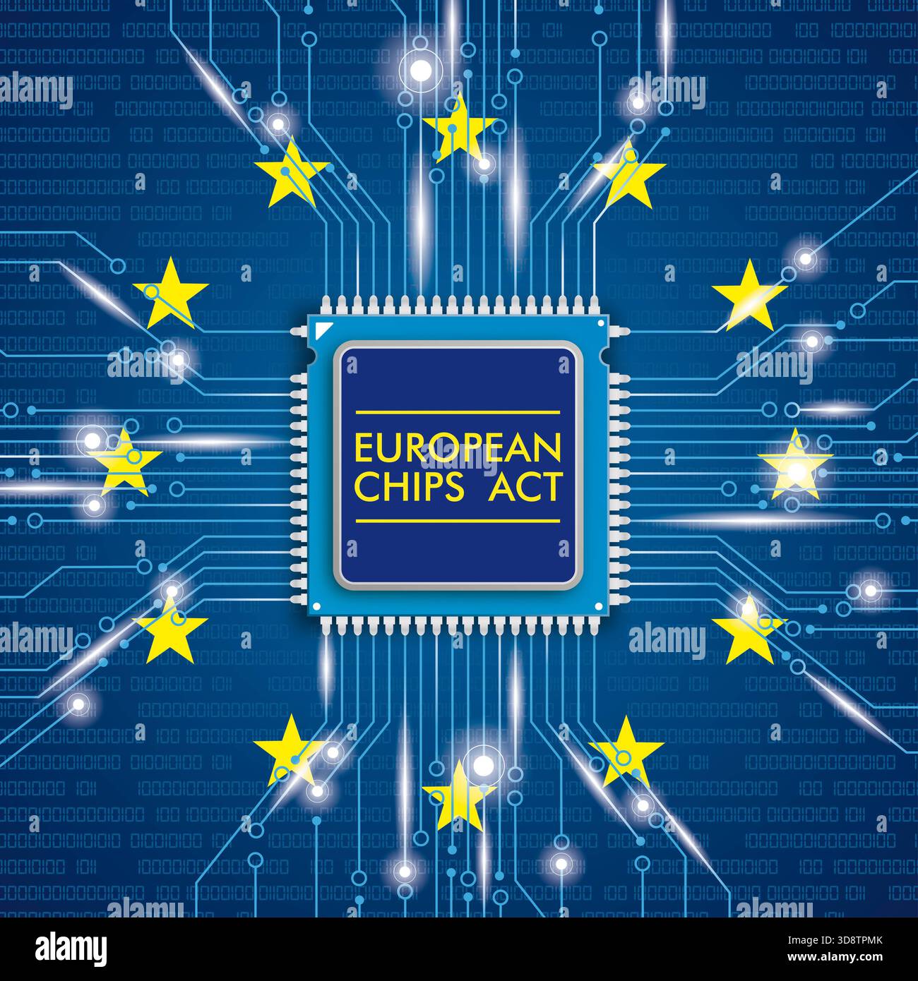 Microchip Processor Lights EU Chips Act Flag Processor with bits, EU flag and text European Chips Act. Stock Photo