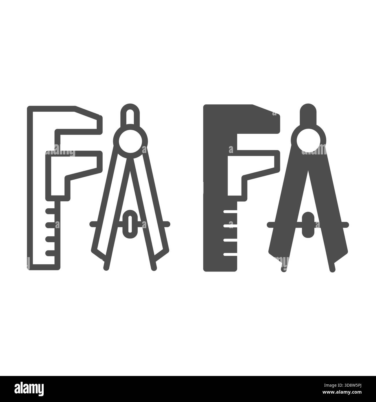 Caliper and drawing compass line and solid icon, architect studio concept. Vector graphics. Project design drawing tools sign on white background, sty Stock Vector