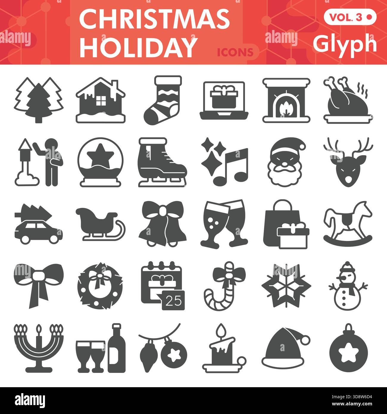 Christmas holiday symbols collection or sketches. happy new year theme bar in glyph style signs for web and app. Vector graphics isolated on white bac Stock Vector