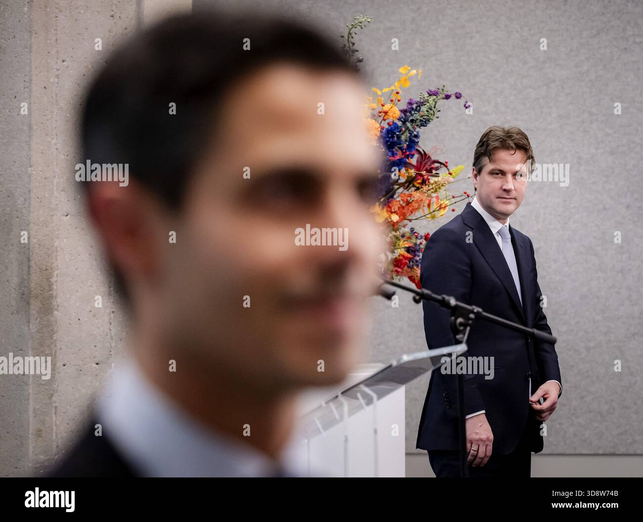 THE HAGUE – Rob Jetten (D66) and Henri Bontenbal (CDA) address the press during the presentation of the interim report, based on the negotiations between D66 and CDA to date. This will be discussed further with other parties next week. ANP SEM VAN DER WAL netherlands out - belgium out Stock Photo