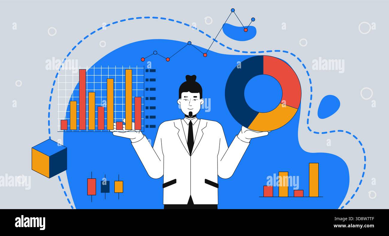 Data analyst with business charts 2D mixed media illustration Stock Vector