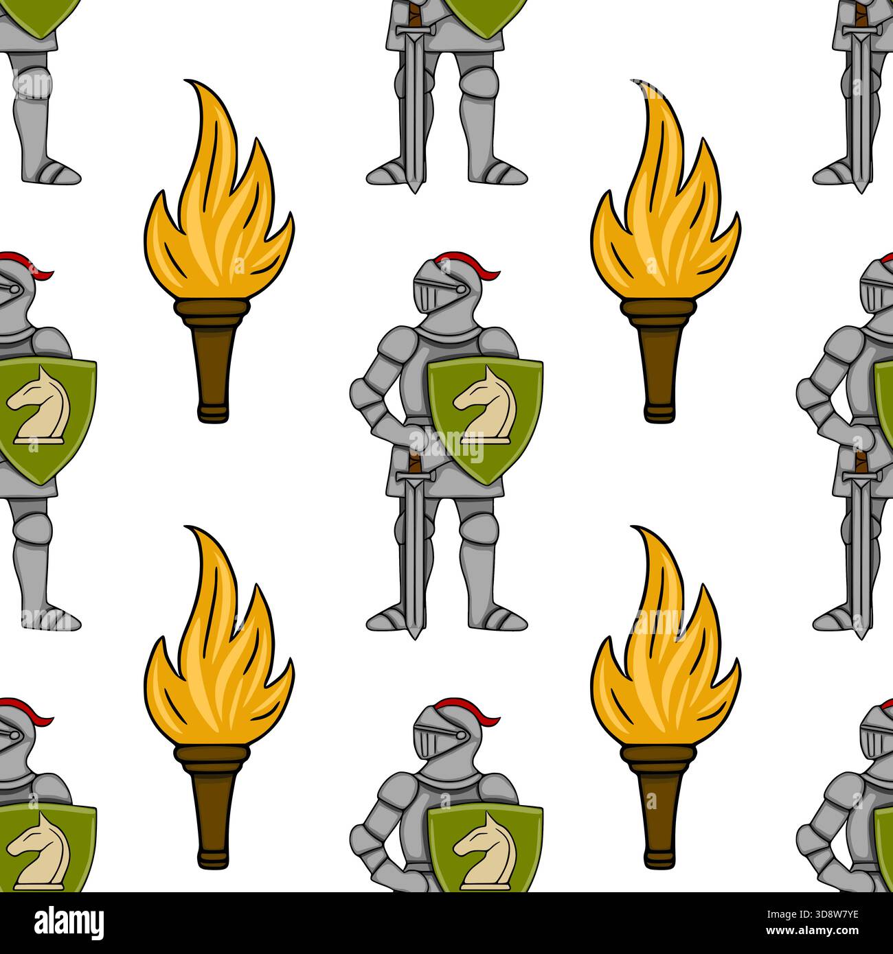 Seamless vector pattern featuring medieval knights in full armor holding shields with a horse emblem and burning torches. Stock Vector