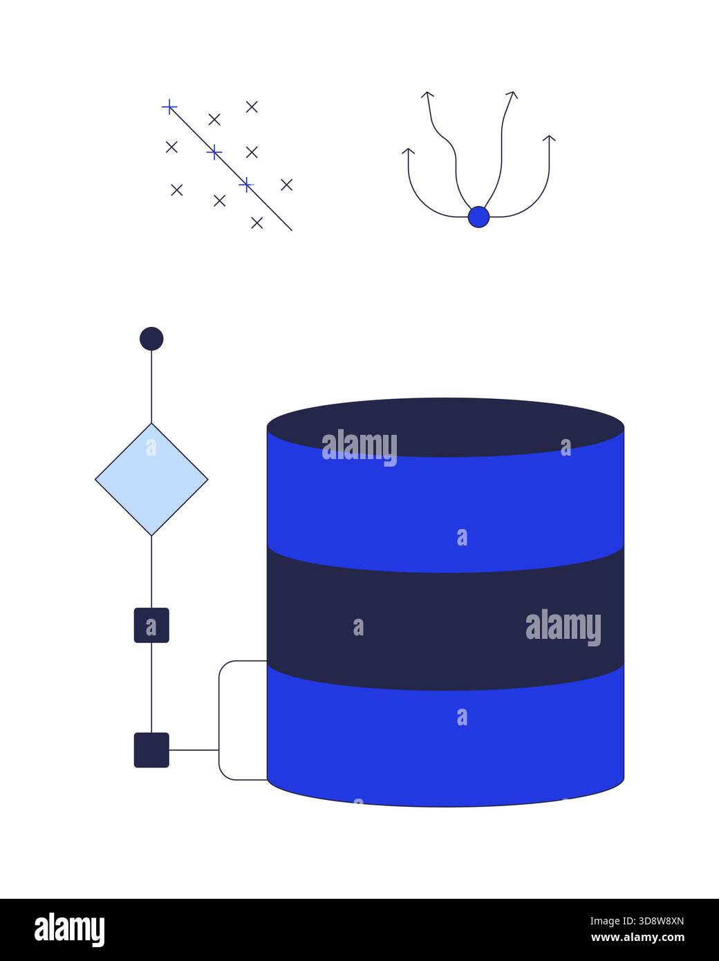 Database with scatter plot and flow diagram 2D cartoon objects set Stock Vector