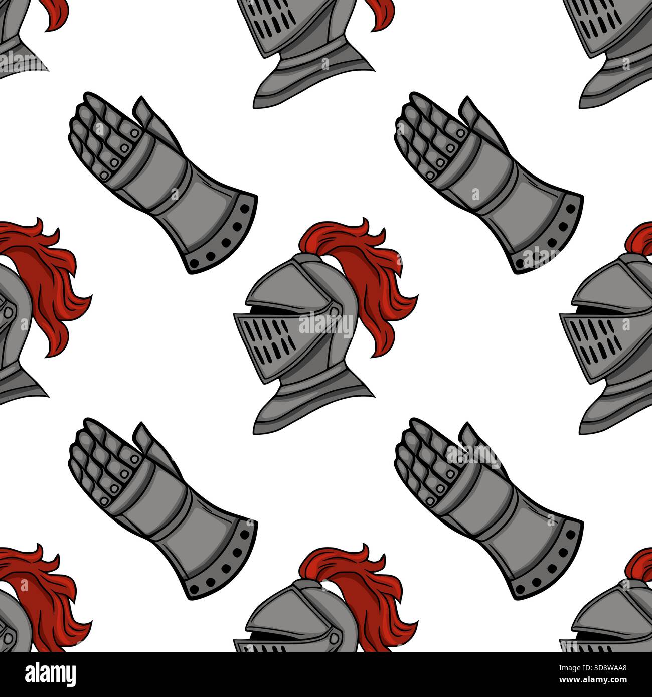 Seamless vector pattern featuring medieval knight helmets and gauntlets with red plumes. Stock Vector