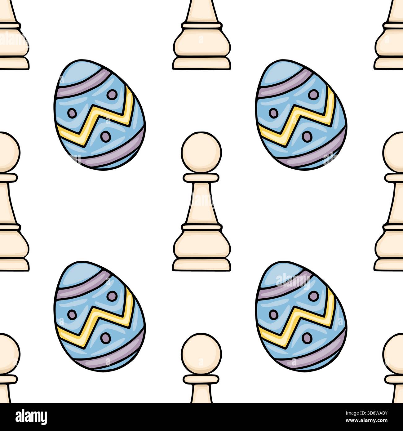 Seamless vector pattern featuring stylized Easter eggs and chess pawns on a white background. Stock Vector