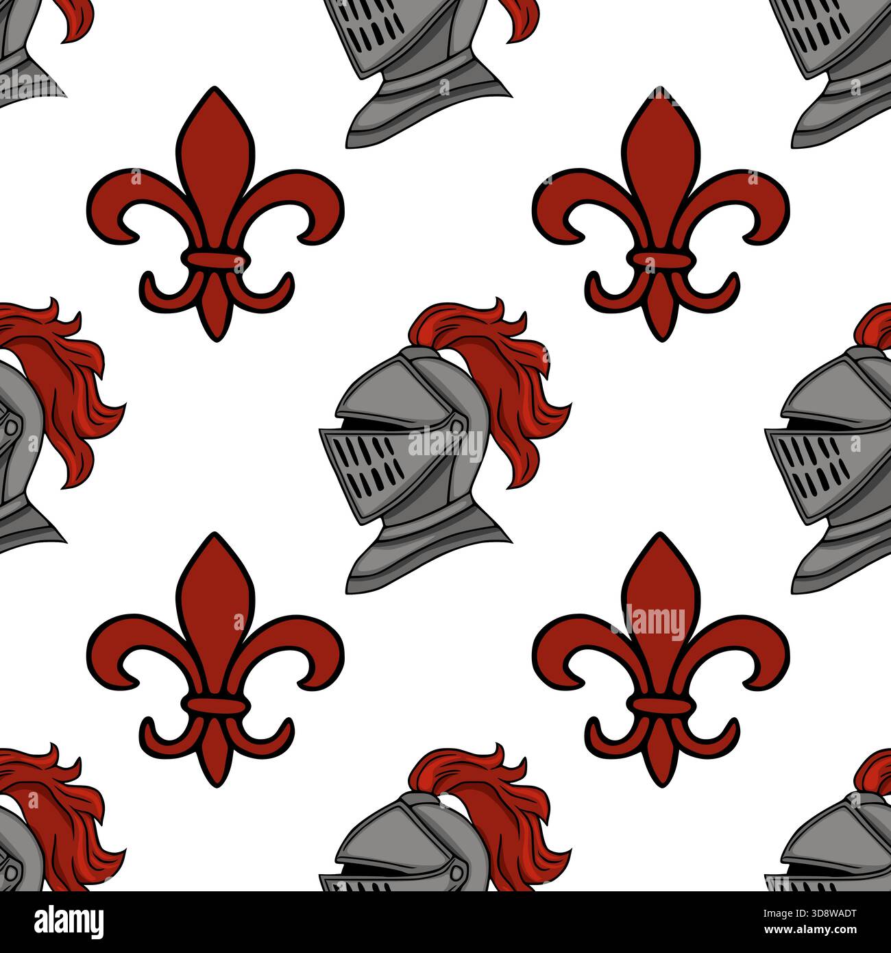 Seamless vector pattern featuring medieval knight helmets and red fleur-de-lis emblems on a white background. Stock Vector