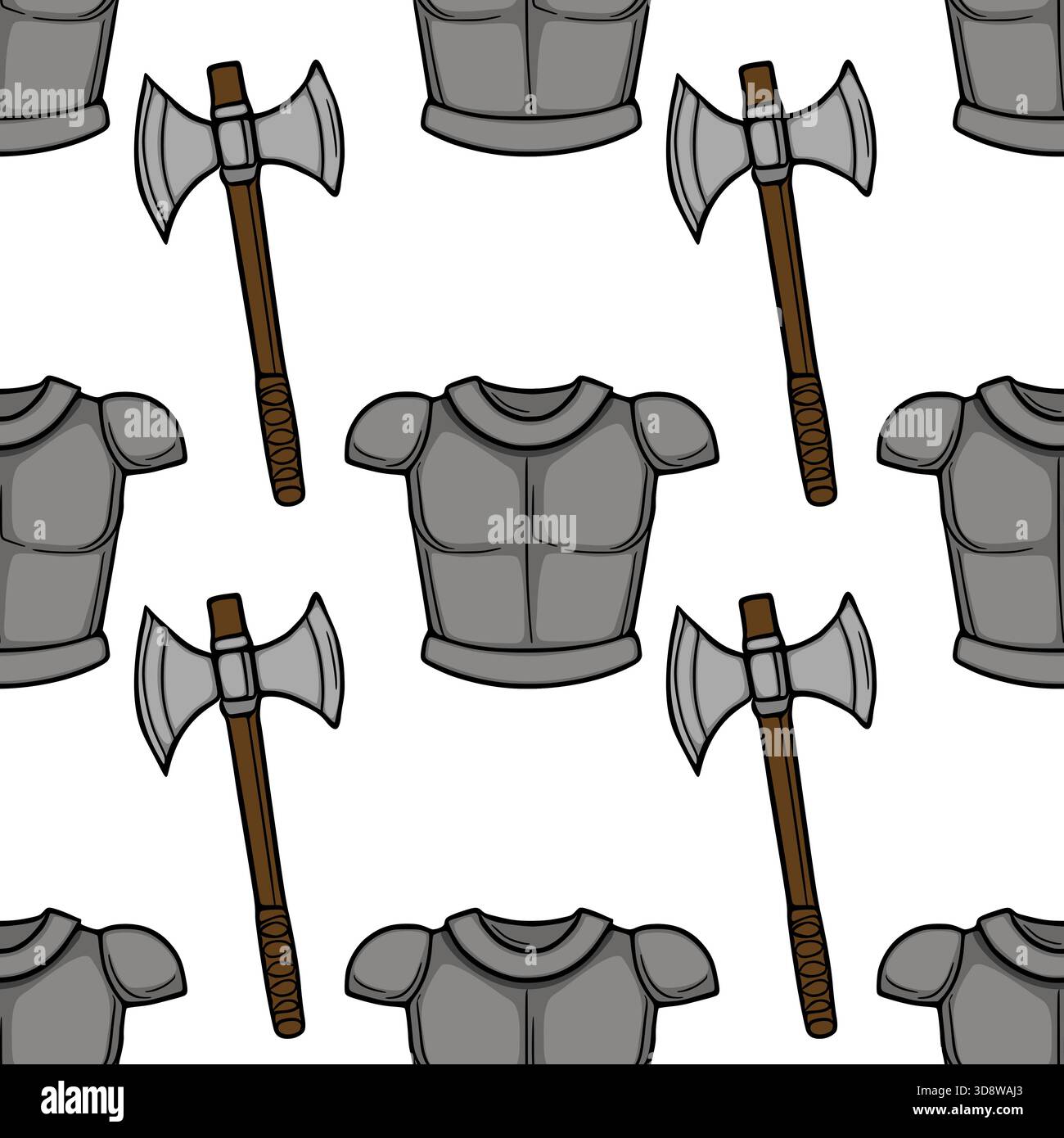 A seamless vector pattern featuring medieval knight's armor and double-bladed axes, rendered in a simple, bold cartoon style with gray and brown tones Stock Vector