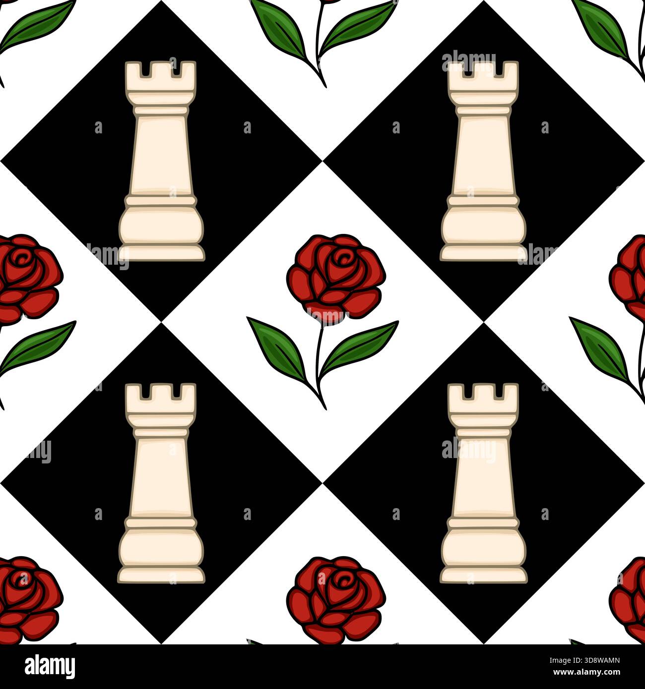 Seamless vector pattern featuring a stylized chessboard background with alternating black and white squares, adorned with ivory chess rooks and vibran Stock Vector