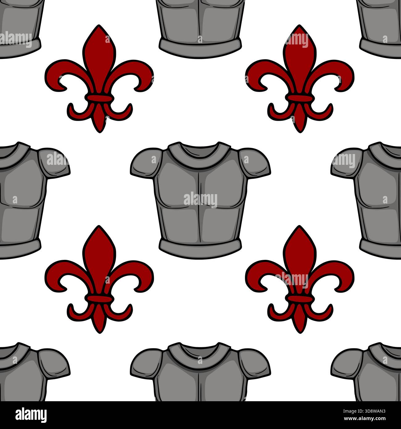 Seamless vector pattern featuring medieval knight's armor and red fleur-de-lis emblems on a white background. Stock Vector