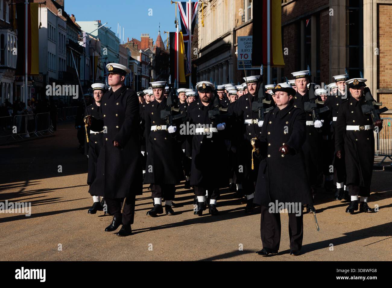 Windsor, UK. 2nd December, 2025. Royal Navy personnel march along the High Street during a rehearsal for a carriage ride as part of a state visit by the German President Frank-Walter Steinmeier. King Charles III will host Mr Steinmeier and his wife Elke BŸdenbender at Windsor Castle from 3rd-5th December. Credit: Mark Kerrison/Alamy Live News Stock Photo